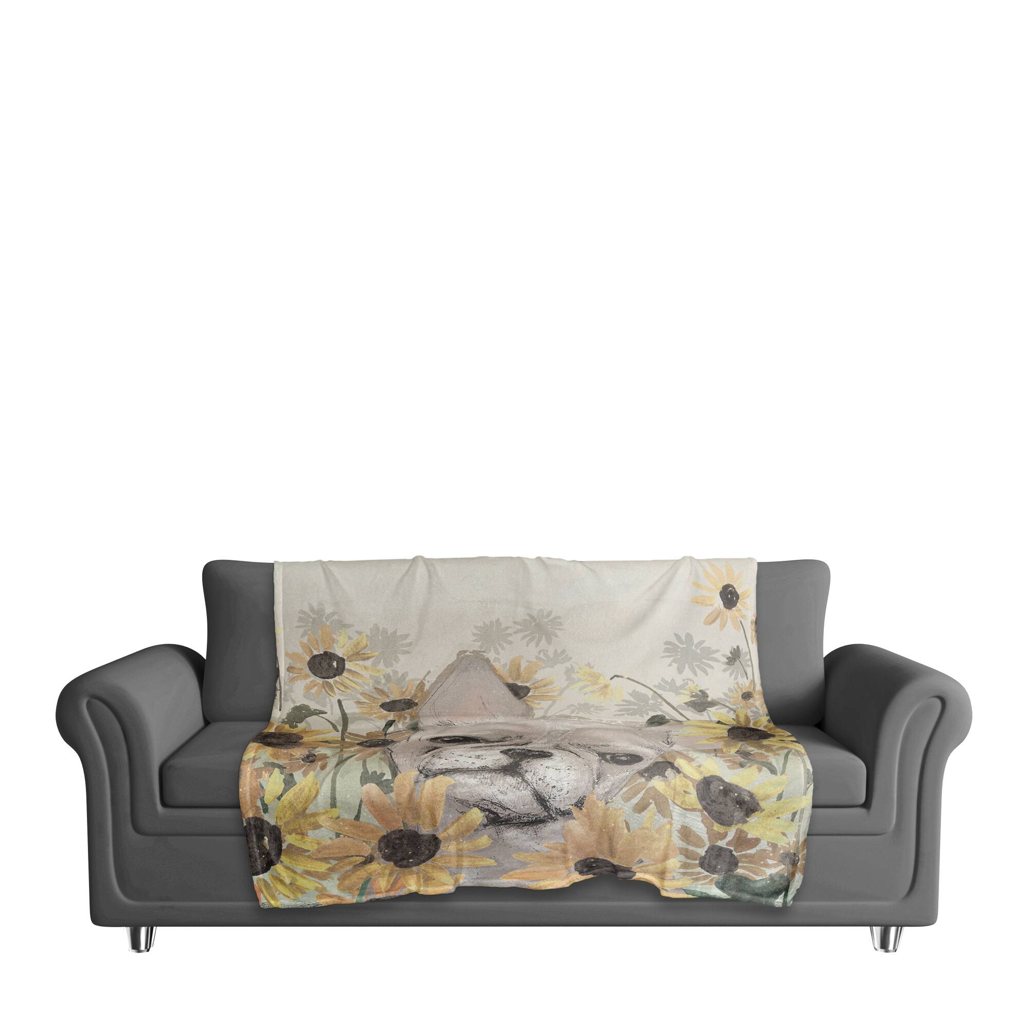 50" x 60" Frenchie Sunflower Field Coral Fleece Blanket